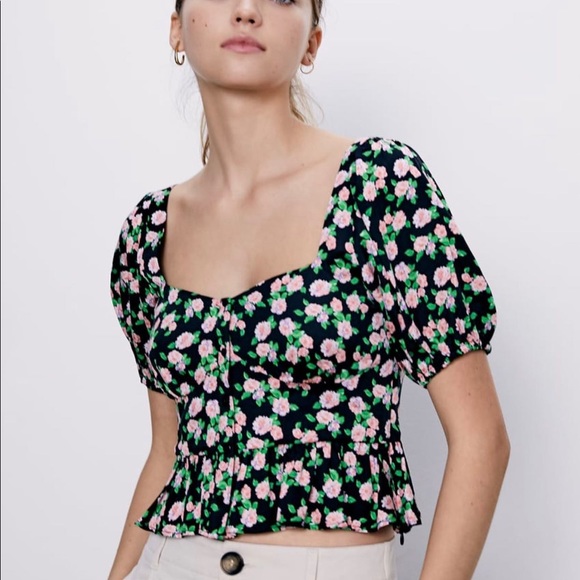 Zara | Tops | Zara Floral Puff Sleeve Milkmaid Crop Top Nwt | Poshmark